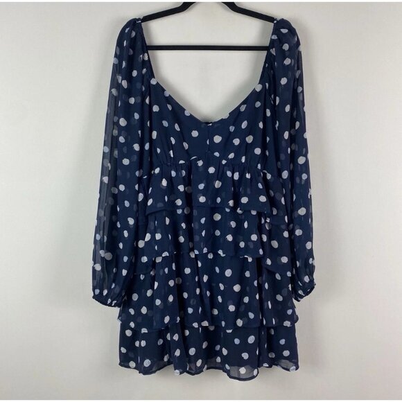 Abercrombie Long-Sleeve Ruffle Tiered Mini Dress Navy Blue Polka Dot Size XL - Picture 1 of 12